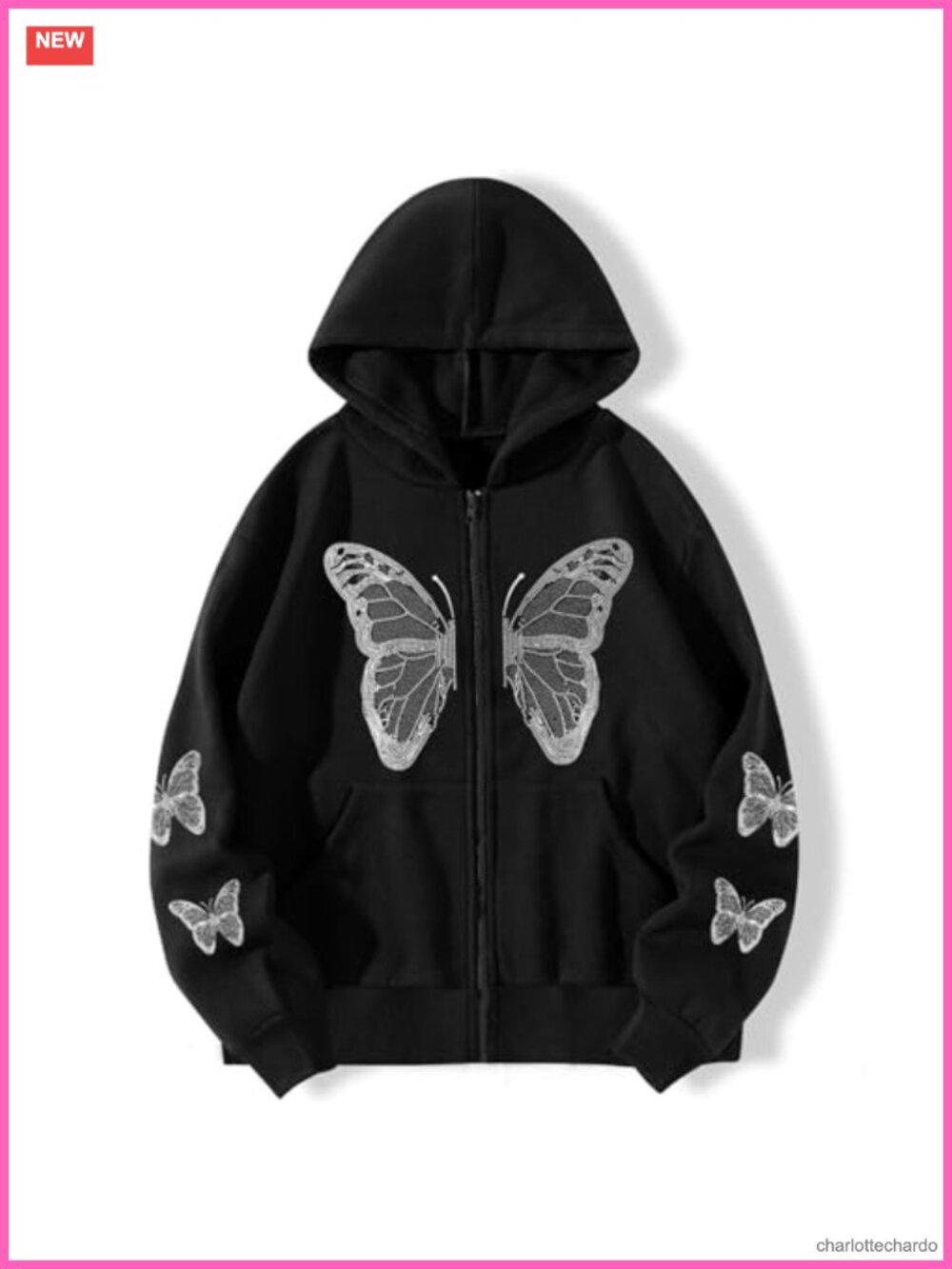 Butterfly Graphic Zip Up Hoodie Oversized Cotton Polyester Women